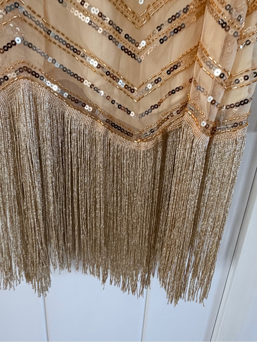 Gold Sequin Fringe Mini Dress with V-Neck Spaghetti Straps - Picture 4 of 7